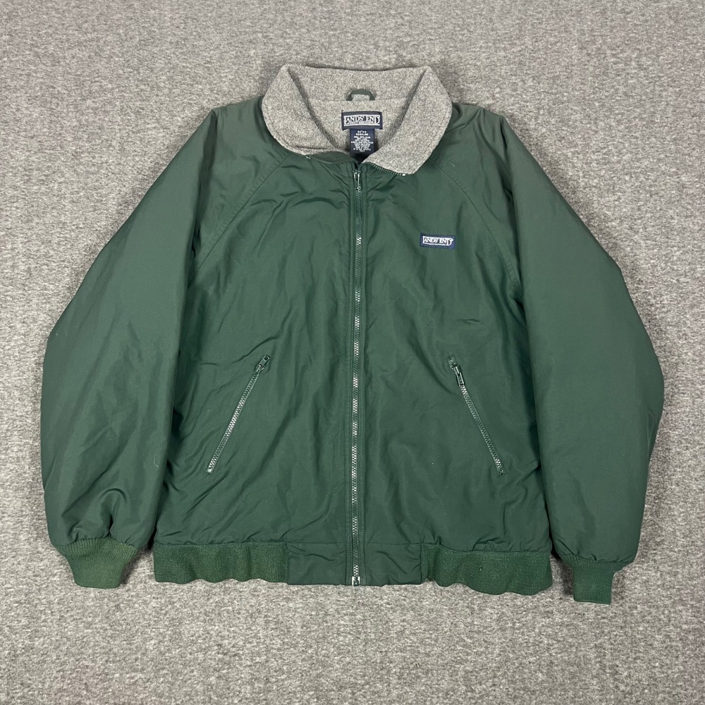 Vintage Lands End Fleece Lined Squall Jacket Mens Large Green Polartec Full Zip
